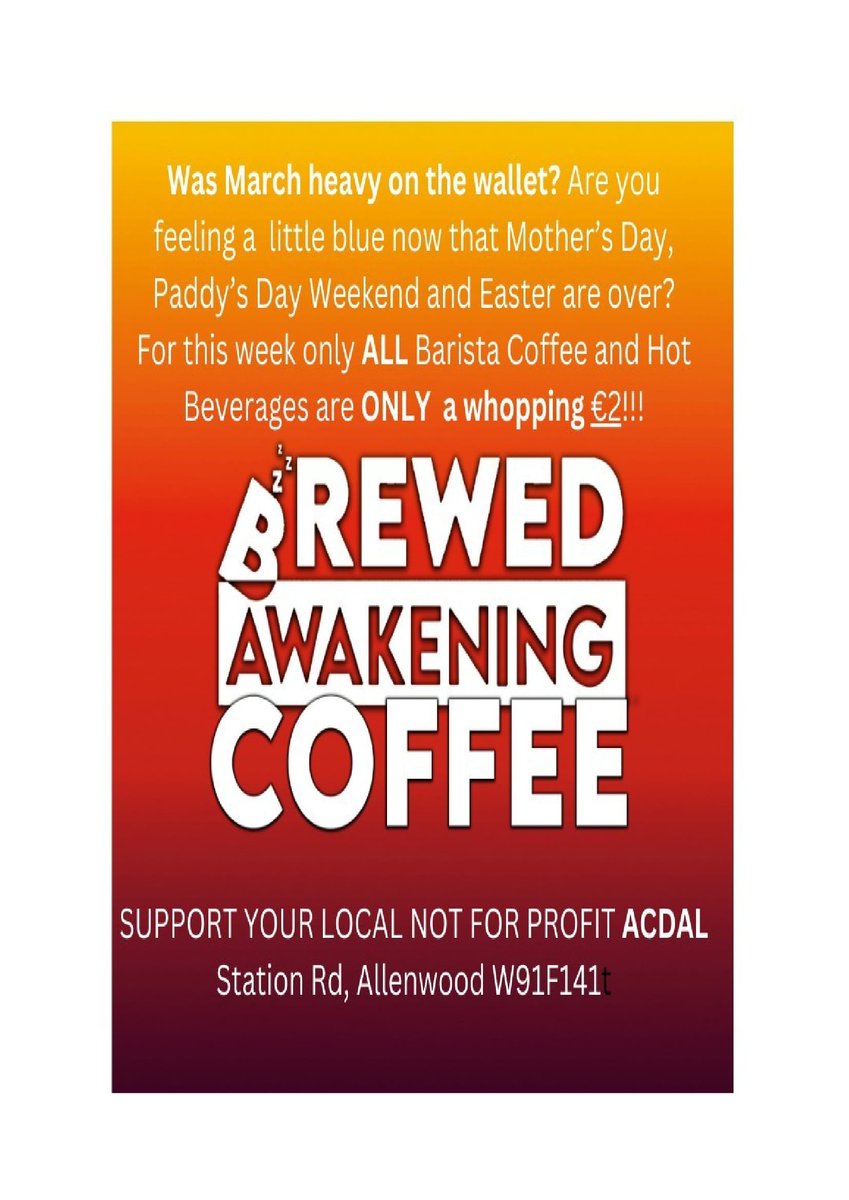 ACDALAllenwood's tweet photo. This truly is too good to pass up...
Available this Thursday &amp; Friday 10am-2pm at #Acdal #Allenwood
#socialenterprise #localbusiness #coffeetime https://t.co/CiJZXqWlHv