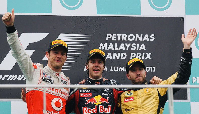 Gladsome #MalaysianGP podium pic taken #OnThisDay in 2011 by my good pal Steven Tee, showing a driver I always liked (Nick Heidfeld; 3rd), a driver I always liked & used to work with (Jenson Button; 2nd) & a driver I always liked & also used to work with (Seb Vettel; 1st). (1/2)