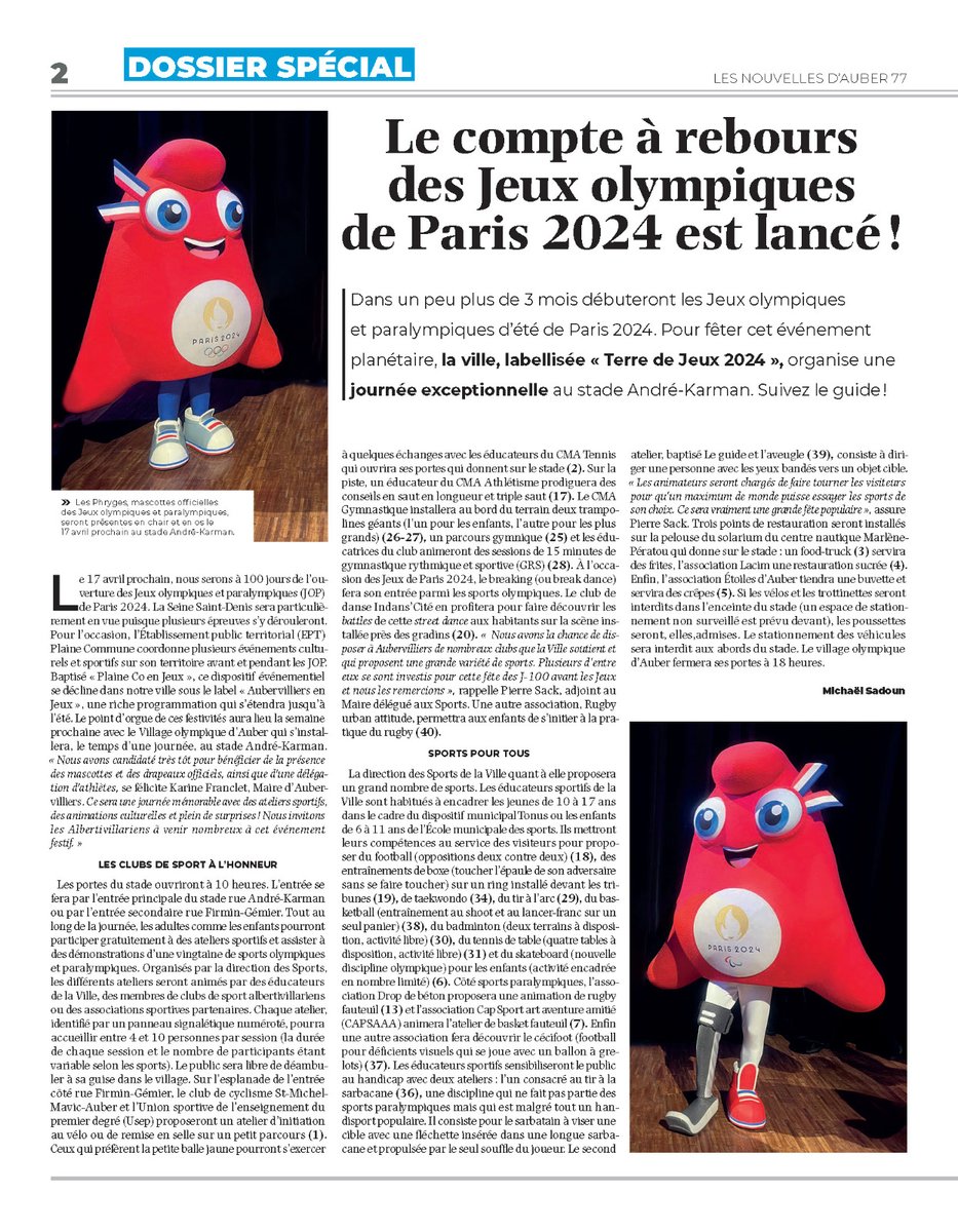 🗞️ Le compte à rebours des #JOP2024 est lancé ! Coup d’envoi des J-100, passage de la flamme olympique à travers #Aubervilliers, et bien plus encore... Programme de cette célébration à lire dans le n°77 des Nouvelles d’Auber : aubervilliers.fr/No77-avril-2024 ✨Bientôt chez vous✨