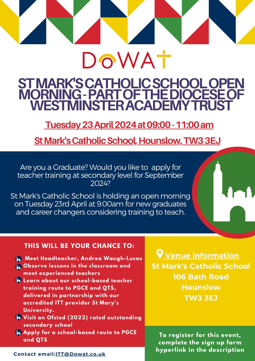 St Mark's School in Hounslow are holding an open morning for those interested in becoming a teacher at Secondary level! Find out more: loom.ly/78PBN5k
