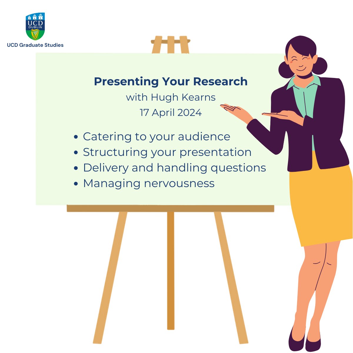 If you’re a researcher, at some stage you'll have to present your findings. But it doesn't have to be a daunting task! Join @ithinkwellHugh on 17 April for an interactive workshop where you’ll learn a step-by-structure for delivering high-quality presos✨ ucd.ie/graduatestudie…