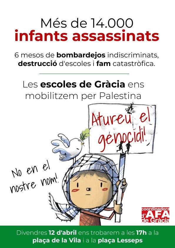 Nova mobilització aquest divendres per demanar la fi dels bombardejos a #Gaza, que han causat la pèrdua de moltes vides innocents, entre elles més de 14.000 infants.

La convocatòria, de la Coordinadora d’AFAs de Gràcia, serà a les 17 h a la Plaça de la Vila de Gràcia 👇
