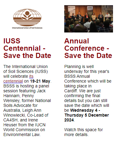 🚩Save the dates 🚩 @Soil_Science @Dirt_Science are hosting a panel session at the Centennial 19-21 May in Italy; and the #BSSS annual conference will be on 4/5th December! Special EC event to be included in the program. Watch this space!