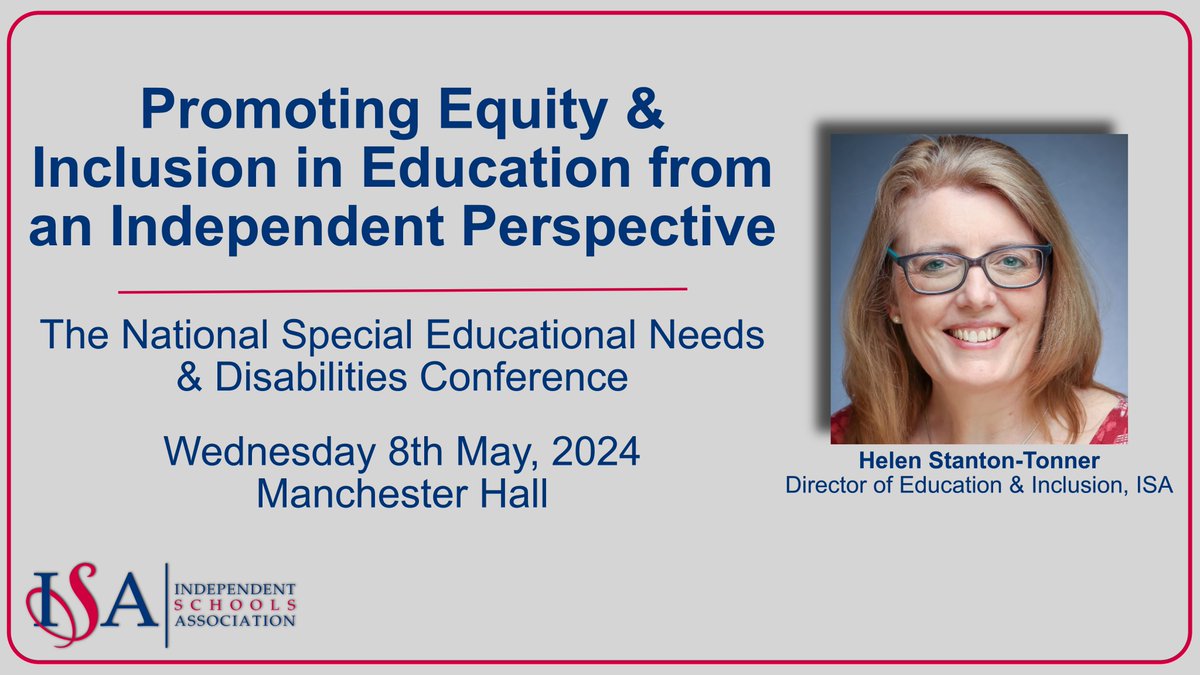 isaschools's tweet photo. Make plans to attend @IGPP_ National Special Educational Needs &amp; Disabilities Conference in Manchester and hear our own Helen Stanton-Tonner (ISA Director of Education/Inclusion) deliver a keynote presentation. #igppSEND #SEND #inclusiveeducation Tickets: https://t.co/qjXqJyPDOA https://t.co/6OPBcvau0z
