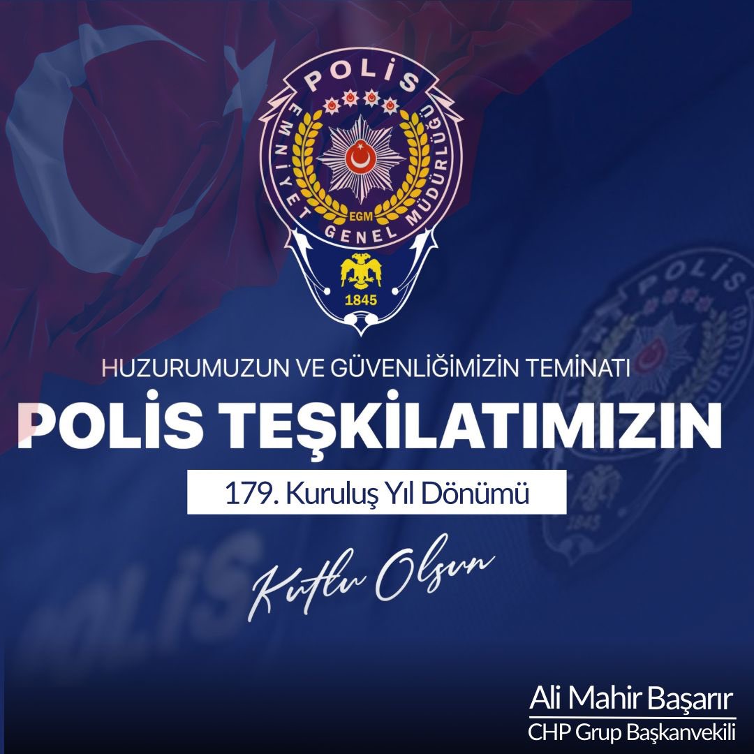 'Herkesin polisi kendi vicdanıdır, fakat polis vicdanı olmayanların karşısındadır.' Mustafa Kemal Atatürk Ülkemizin dört bir yanında fedakarca çalışarak, milletimizin huzur ve güvenliğini sağlayan Türk Polis Teşkilatı'nın 179. kuruluş yıl dönümü kutlu olsun.