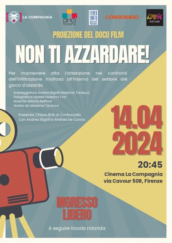 #giocodazzardo 
Il #14aprile al Teatro La Compagnia di Firenze proiezione del docufilm 'Non t'azzzardare!', una iniziativa di AnciToscana, Libera Toscana e @controradio su un tema di grande attualità. Ingresso libero

#DGA #ludopatia #criminalitàorganizzata #welfare