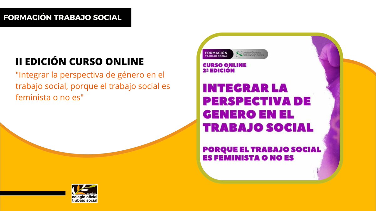 La II edición del curso online organizado por @cgtrabajosocial 'Integrar la perspectiva de género en el trabajo social, porque el trabajo social es feminista o no es' ya está disponible. + info de la formación 👇cgtrabajosocial.es/eventos/ii-edi…