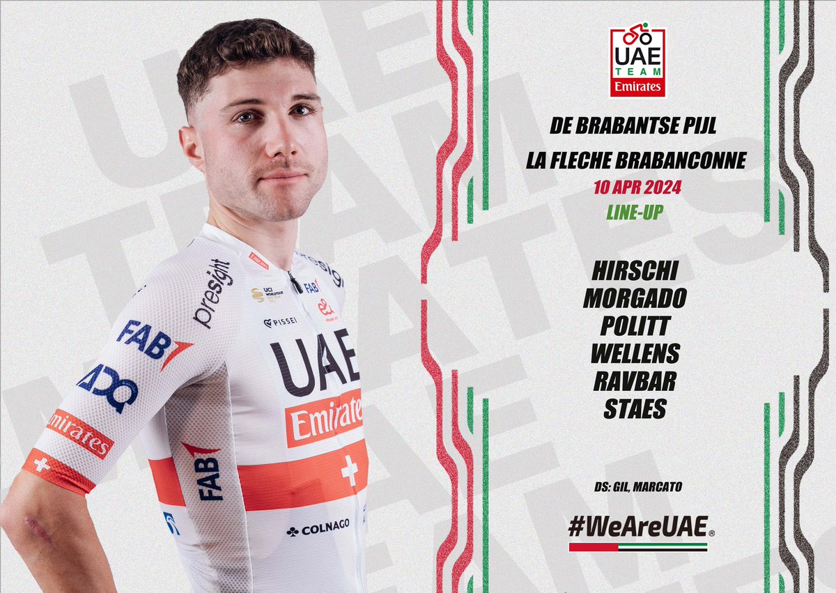 Here’s our lineup for today’s De Brabantse Pijl #DBP24 🇧🇪:

🇨🇭@MarcHirschi 
🇵🇹 @morgadoisme 
🇩🇪 @PolittNils 
🇧🇪 @Tim_Wellens 
🇸🇮 #AnžeRavbar
🇧🇪 #GibbeStaes

#UAETeamEmirates #WeAreUAE