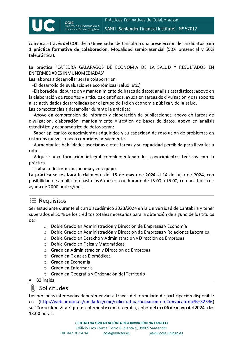 📢 ¡Atención estudiantes! ¿Buscas una experiencia práctica en economía de la salud y análisis estadístico? El COIE convoca a preselección de candidatos para una práctica semipresencial ¡Inscríbete! @unican @SANFI_Institute web.unican.es/unidades/coie/…