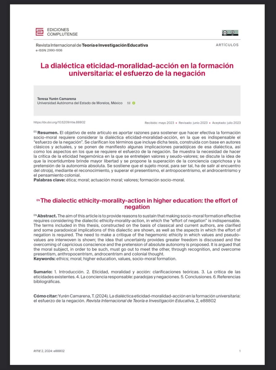 De México, la prestigiosa profesora Teresa Yurén  colabora con una pieza de filosofía educativa que reflexiona sobre la negación como un instrumento de educación socio-moral en el ámbito universitario. Un imprescindible para conversar.

👇🏽👇🏽👇🏽
revistas.ucm.es/index.php/RTIE…