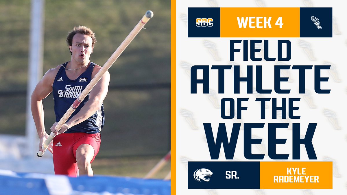 𝗡𝗘𝗪 𝗛𝗘𝗜𝗚𝗛𝗧𝗦. @SouthAlabamaTXC’s Kyle Rademeyer cleared 5.62m/18-5.25 in the pole vault to rank third nationally and earn #SunBeltTF Men’s Outdoor Field Athlete of the Week honors. ☀️👟 📰 » sunbelt.me/4cTYs4u