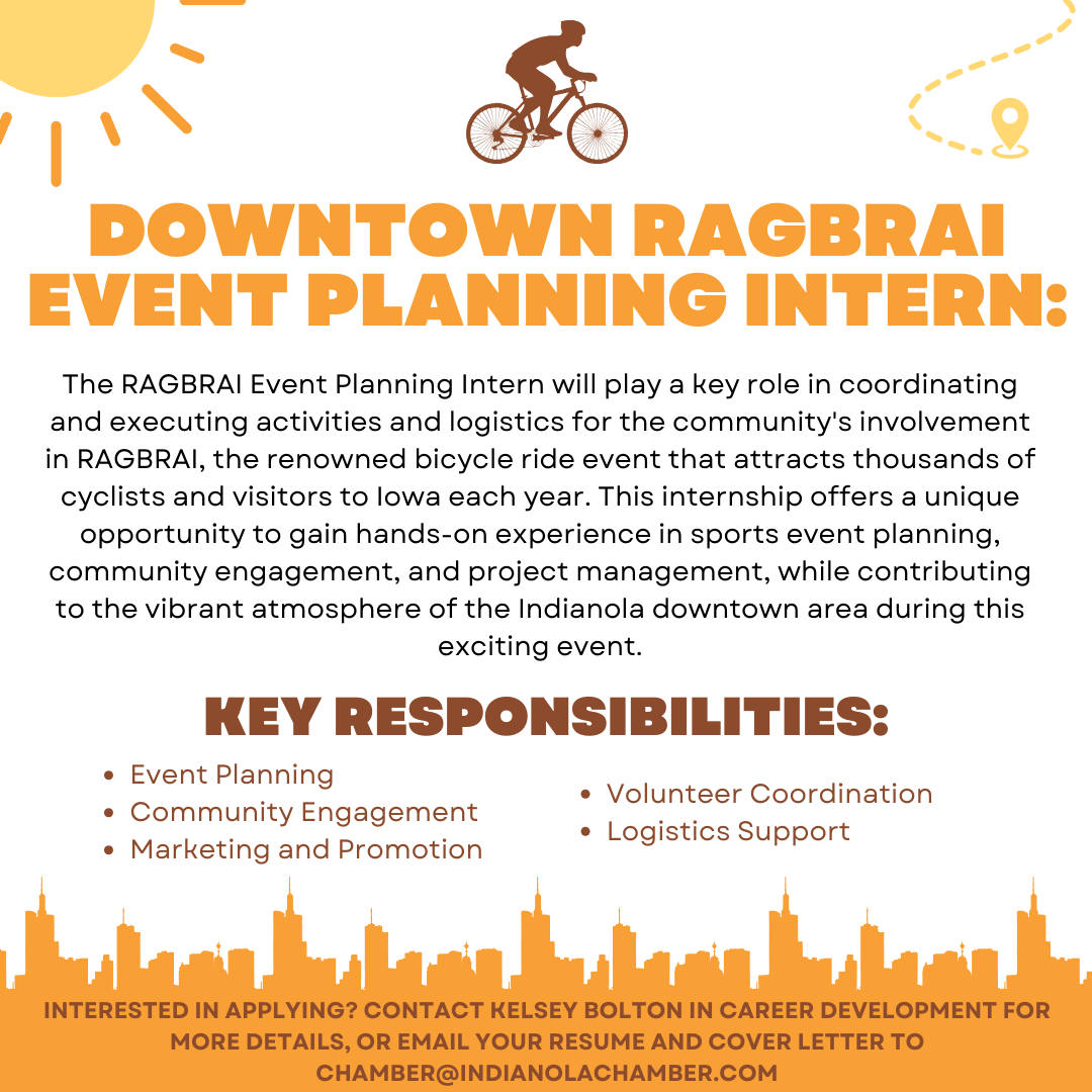 SimpCoCareers's tweet photo. RAGBRAI is coming to Indianola this summer and the Indianola Chamber of Commerce is hiring an Event Planning Intern to assist with planning! This is a great opportunity for those interested in management, marketing, sports/event planning, and more! #thinkindianolafirst https://t.co/lGqEHlCED2