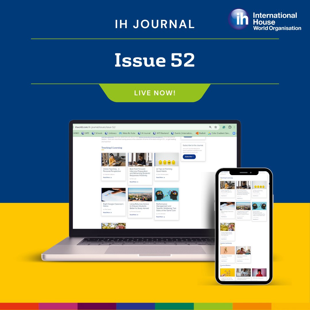 📚 Issue 52 of the IH Journal is out now! 📚

There are over twenty articles for you to enjoy, so save this post 📑 and when you get a spare moment, start reading and get inspired 💡

👉ihworld.com/ih-journal/iss…

#IHJournal #InternationalHouse #LanguageTeaching #ihworld #TEFL