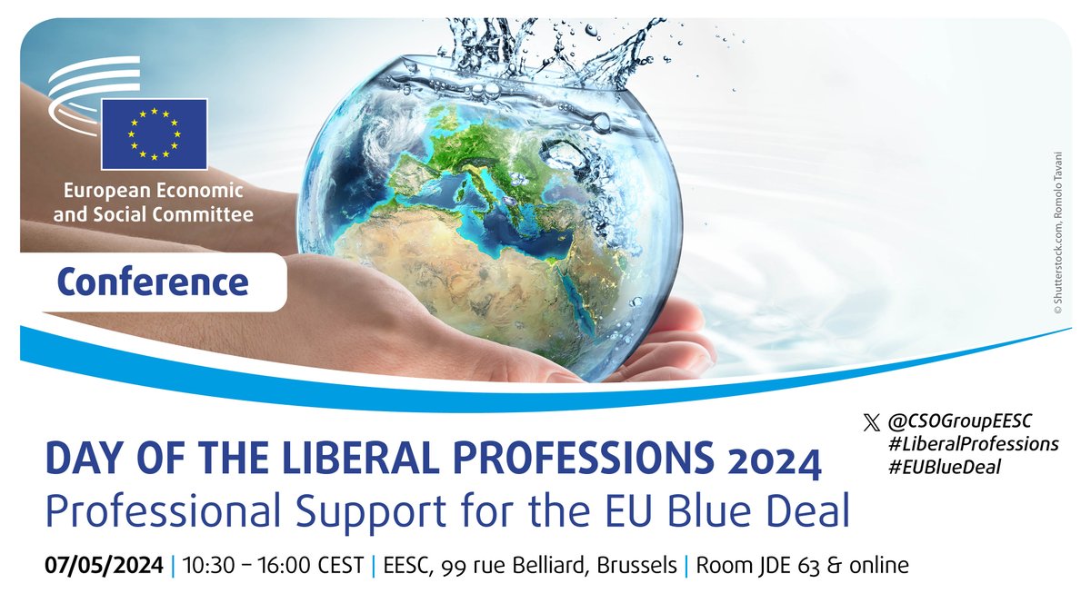 📢The Day of the #LiberalProfessions 2024 is approaching!

Join our 8th edition, which will focus on:
Professional Support for the #EUBlueDeal🌊

🗓️7 May
🕥10:30-16:15 CEST
📍EESC, JDE 63 & online

More info: europa.eu/!Fj6cjk
✍️🏽Register until 02/05: europa.eu/!X3BMDK