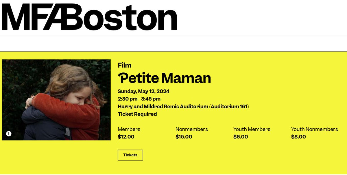 🎥✨ Join @mfaboston for a special Mother’s Day screening of Céline Sciamma’s heartwarming tale 'Petite Maman'. This moving story explores the tender bond between mothers and daughters. 📅 Sun. May 12 at 2:30 PM 🍿 French w/ English subtitles Tickets 👉 mfa.org/event/film/pet…