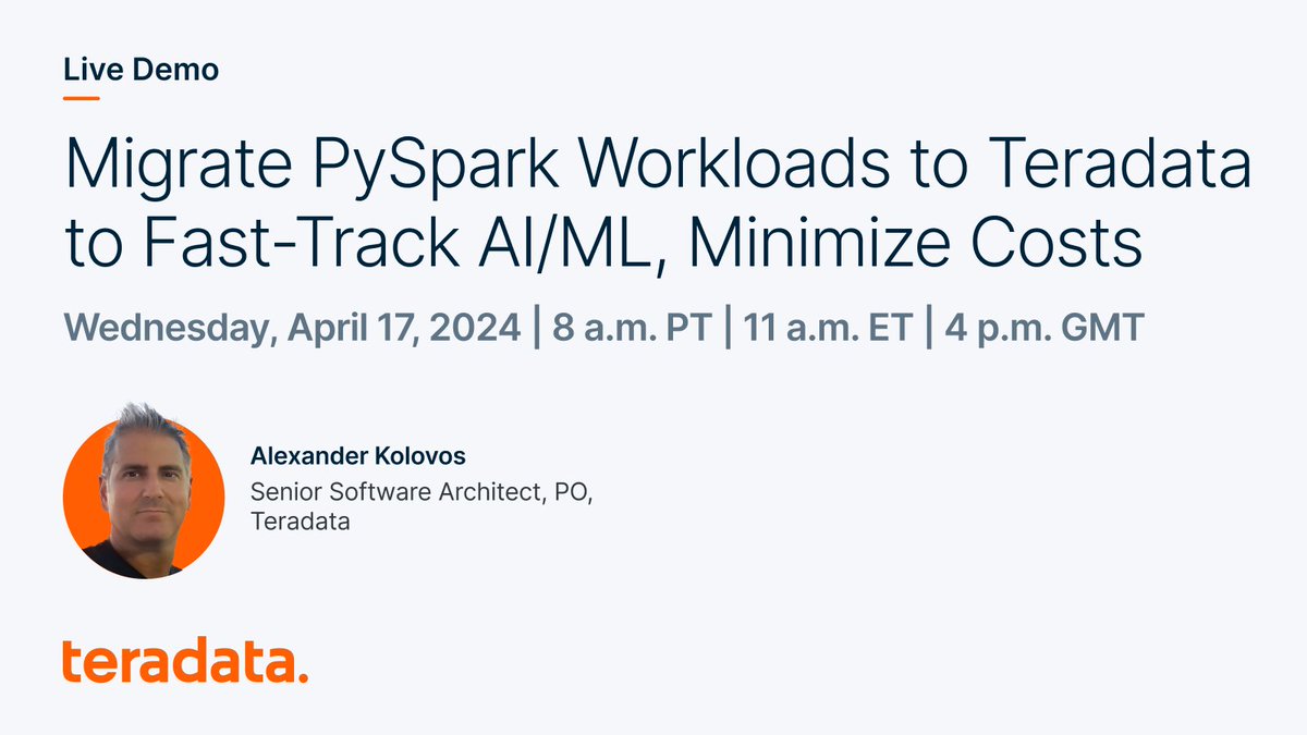 Join our live demo with Senior Software Architect, PO, Alexander Kolovos to learn more about this new module in Teradata’s Python library and see a step-by-step implementation of a workflow using a PySpark-based use case entirely on a Vantage system. ms.spr.ly/6016cFfrp