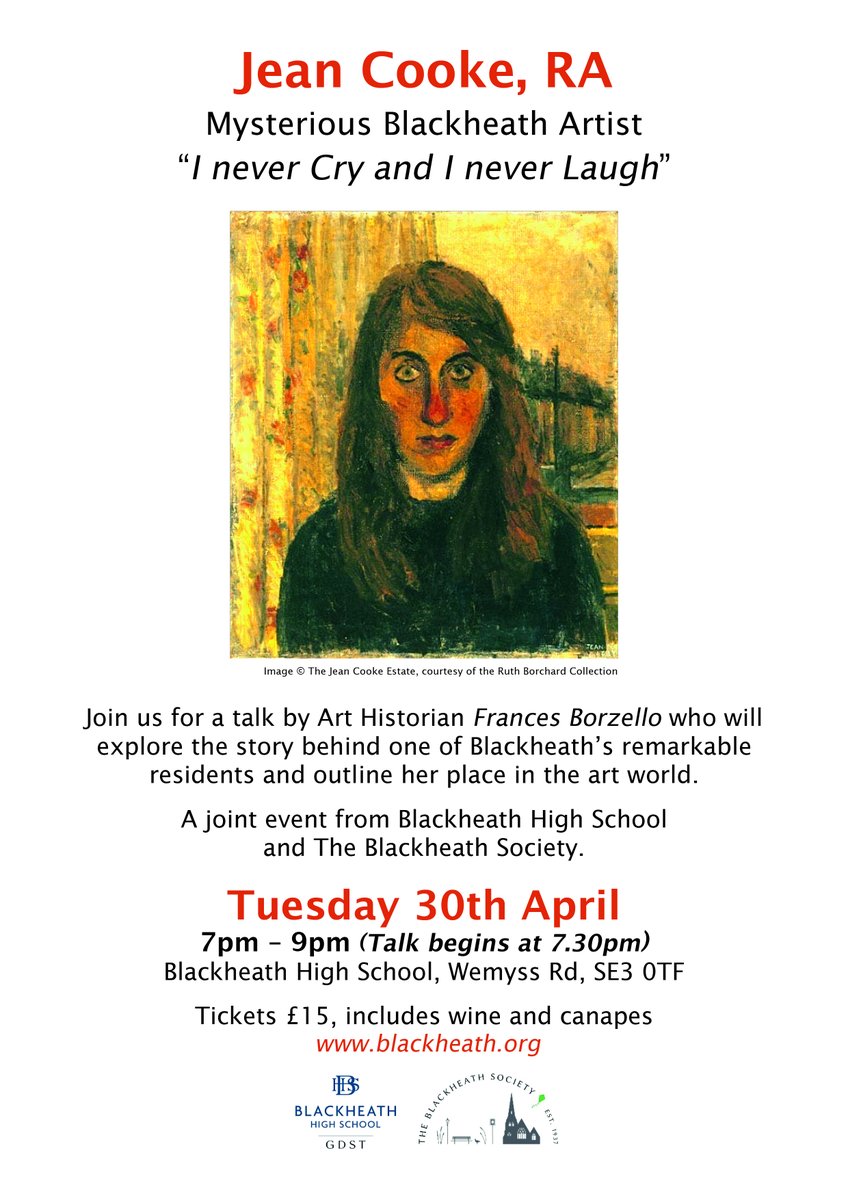 BlackheathSoc's tweet photo. Frances Borzello will give a long-awaited talk on the painter Jean Cooke, a lifelong resident of Blackheath and Royal Academician.  Tue 30 April, 7pm at Blackheath High Junior School, Wemyss Rd.  Tickets https://t.co/Qjz4RDID17 @WestcombeSoc @greenwich_wire https://t.co/LJvHpyOEl5