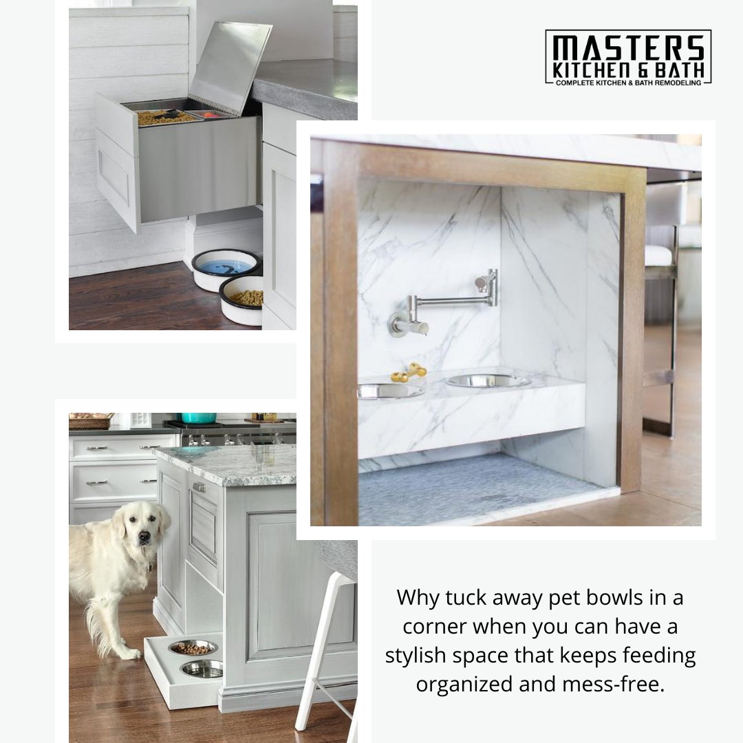 Incorporating a pet feeding station into your kitchen design brings functionality and order to your home. Options range from pull-out drawer stations hidden within your cabinetry to stand-alone nooks that blend with your kitchen's aesthetic. masterskitchenbath.com #kitchenideas