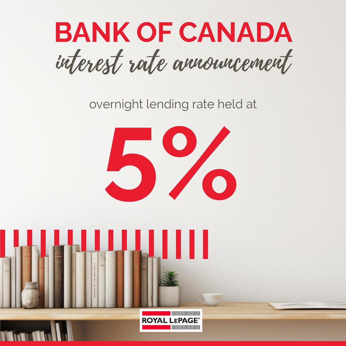 Sixth consecutive rate hold at 5%. 

#InterestRate #BankofCanada #RealEstate #Realtor #RealtorLife #LoveWhatYouDo #AlwaysHappytoHelp #LetsWorkTogether #HappytoHelp #ICanHelpYouToo #Nanaimo #Parksville #QualicumBeach #myPQB #PQB #Vancouverlsland #RoyalLePage #ChrisBarronRealEstate