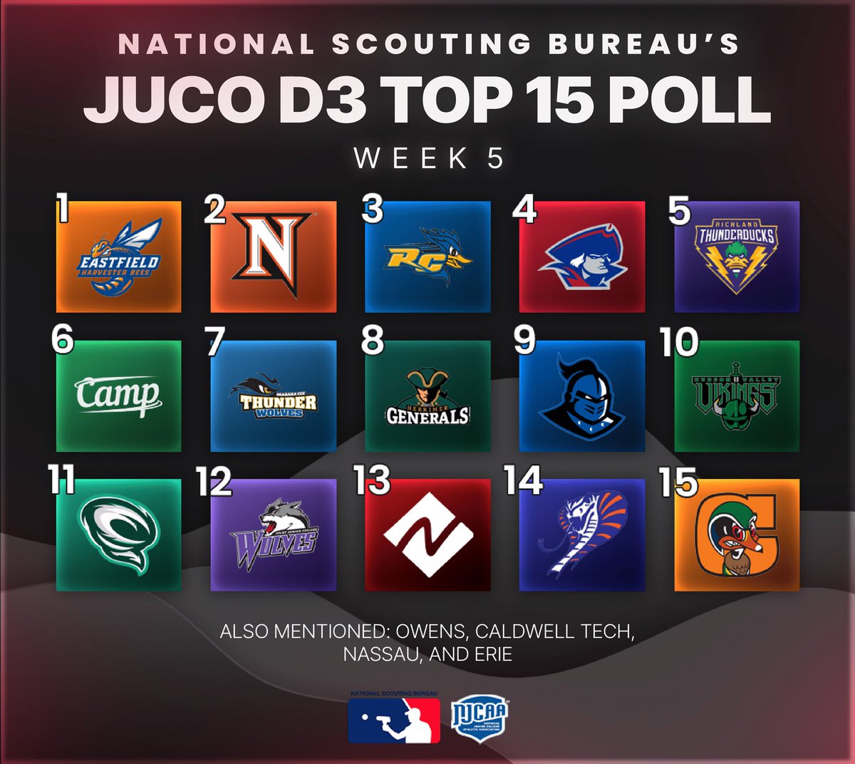 The National Scouting Bureau presents the JUCO D1, D2, and D3 Top 20 Polls🚨 We have a new #1 in JUCO D1! @reiverbaseball jumps to the top, while we see @CAC_BaseballDB9 withhold their #2 spot 🔥 We also see 2 new teams jump into our JUCO D1 Top 25: #19 | Harford CC: 29-8 🦉