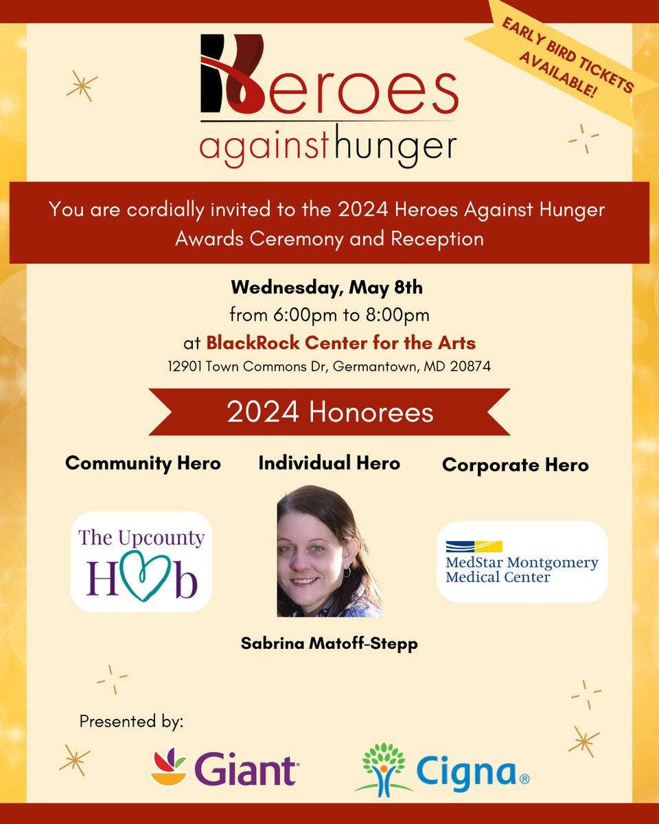 Heroes Against Hunger is back! Come join us to celebrate our 2024 Heroes on Wednesday, May 8, 2024 at Black Rock Center for the Arts. Get your Early Bird tickets now! secure.qgiv.com/for/heroesagai… #mannafoodcenter #heroesagainsthunger