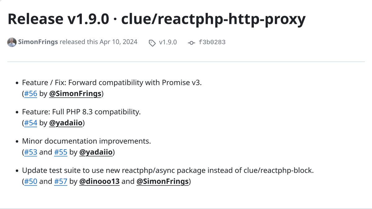 another_clue's tweet photo. Next release is out, here's v1.9.0 of clue/reactphp-http-proxy! 🚀

Send requests through an HTTP CONNECT proxy server, with the help of @ReactPHP. Now with full support for Promise v3, PHP 8.3 compatibility and much more.

https://t.co/CcSN8AY54F

Enjoy #async #php 🎉 https://t.co/sCr1k2GTKR