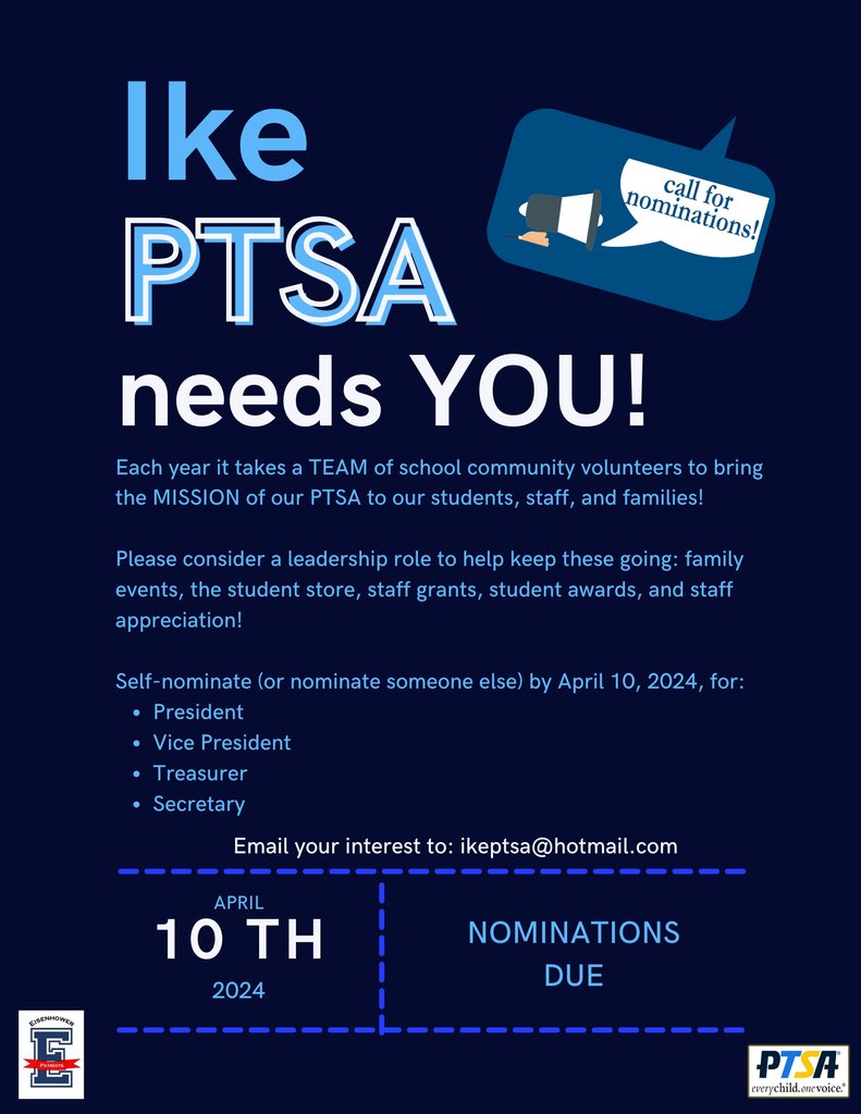 Today is the last day to submit nominations for the 2024-2025 Eisenhower Middle School's PTSA leadership!

#gochargers #community #togetherwearestronger #jeffersonpta

@EPS_JeffersonES @everettschools @EPS_Region2 @DrIanBSaltzman
@EverettPTSA