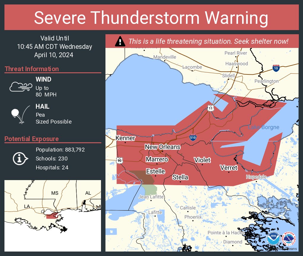 Severe Thunderstorm Warning including New Orleans LA, Metairie LA and Kenner LA until 10:45 AM CDT. This destructive storm will contain wind gusts to 80 MPH!