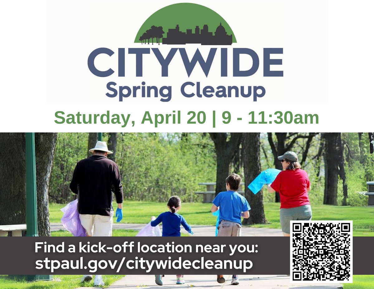 Join your neighbors to clean up our @cityofsaintpaul parks and neighborhoods for the Citywide Spring Cleanup. Stop by your local kickoff site Saturday, April 20 any time between 9-11:30 a.m. to pick up bags and gloves. Info at stpaul.gov/citywidecleanup. @SaintPaulParks