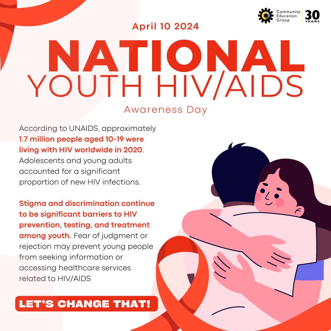 April 10 is National Youth HIV/AIDS Awareness Day, a day to raise awareness about the impact of HIV on young people. Together, we can help young people stay healthy by encouraging HIV testing, prevention, and treatment. bit.ly/3yidy0p #StopHIVTogether #NYHAAD