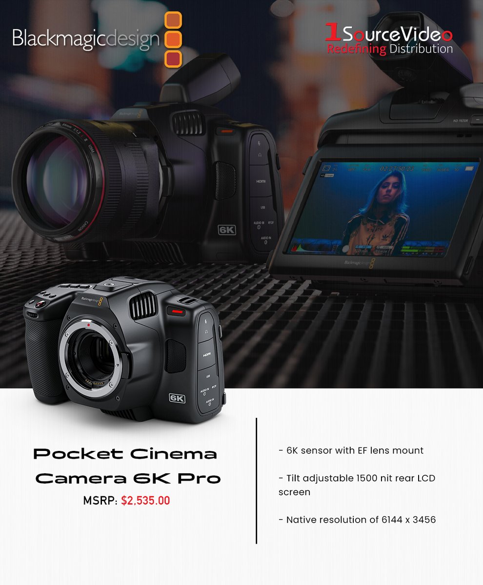 @Blackmagic_News' Pocket Cinema Camera 6K Pro features a 6144 x 3456 Super 35 high resolution HDR sensor!

#BlackmagicDesign #1SourceVideo #pcc6kpro #digitalfilmcamera #6k #filmmaking #videoproduction #recording #footage #video #filmequipment #distribution #RedefiningDistribution
