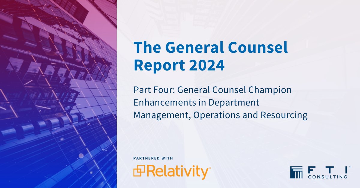 Part 4 of the 2024 GC Report is here. This collaborative effort between @FTITech & @RelativityHQ examines how chief legal officers are addressing the demands that arise from managing their department, including team members and resource availability bit.ly/3v0jdKq