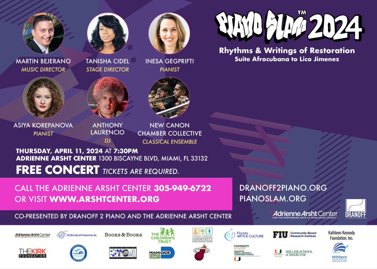 Experience the extraordinary at PIANO SLAM 2024! A live event fusing Hip-Hop, Classical, and Spoken Word, featuring Miami's top teen poets. Join us Thursday, April 11th, 7:30pm at the Adrienne Arsht Center. Get FREE tickets now at arshtcenter.org. #PianoSlam2024