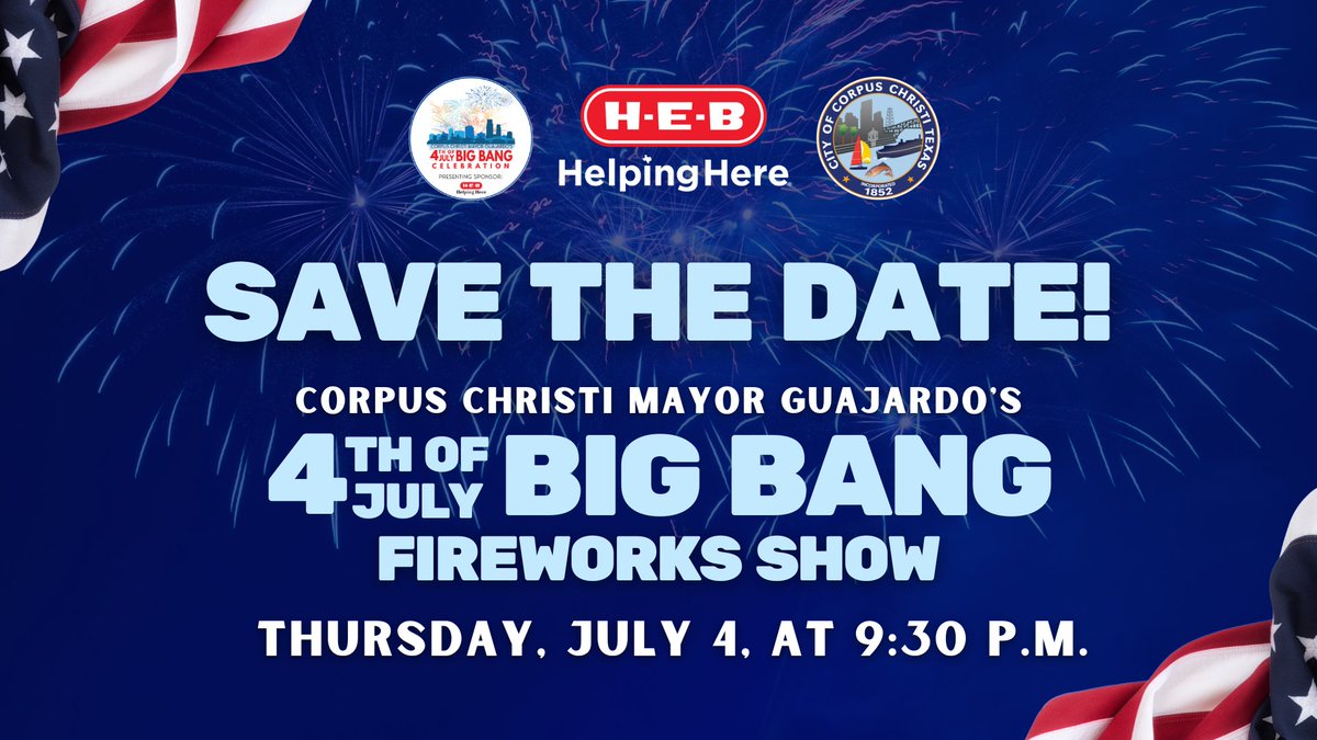 🎆SAVE THE DATE!🎆 Join us on July 4, 2024, for our Mayor's 4th of July Big Bang Fireworks Show along the Corpus Christi Bayfront! Events include a Patriotic Ceremony, BBQ Cook-off at Nueces Brewing Co., and Coastal Comida Fest! #CorpusChristi #BigBangCC #4thofJuly #VisitCC