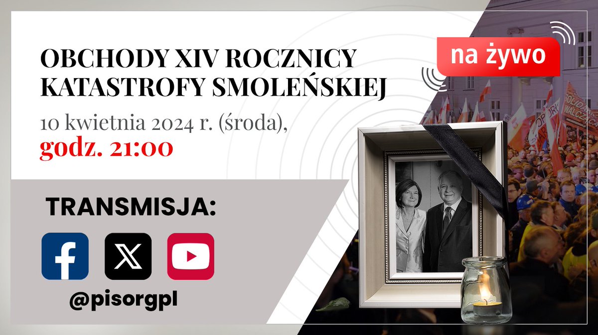 🇵🇱 Ok. godziny 21:00 zapraszamy do oglądania transmisji z wystąpienia Prezesa PiS J. Kaczyńskiego pod Pałacem Prezydenckim podczas obchodów XIV Rocznicy Katastrofy Smoleńskiej. #Pamiętamy 🕯️