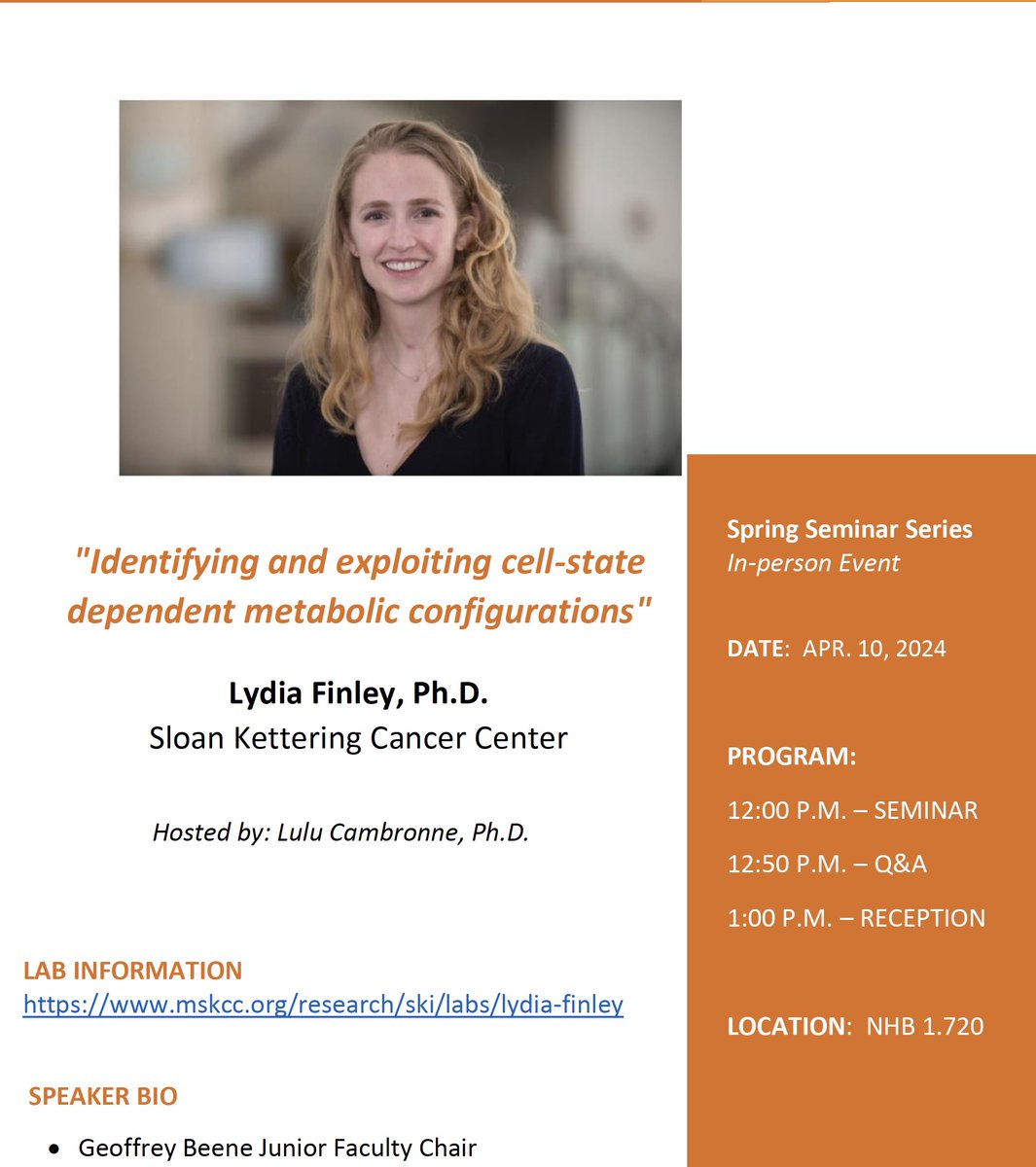MBS Seminar TODAY at noon- @ut_mbs @TexasScience Dr. Lydia Finley 'Identifying and exploiting cell-state dependent metabolic configurations'