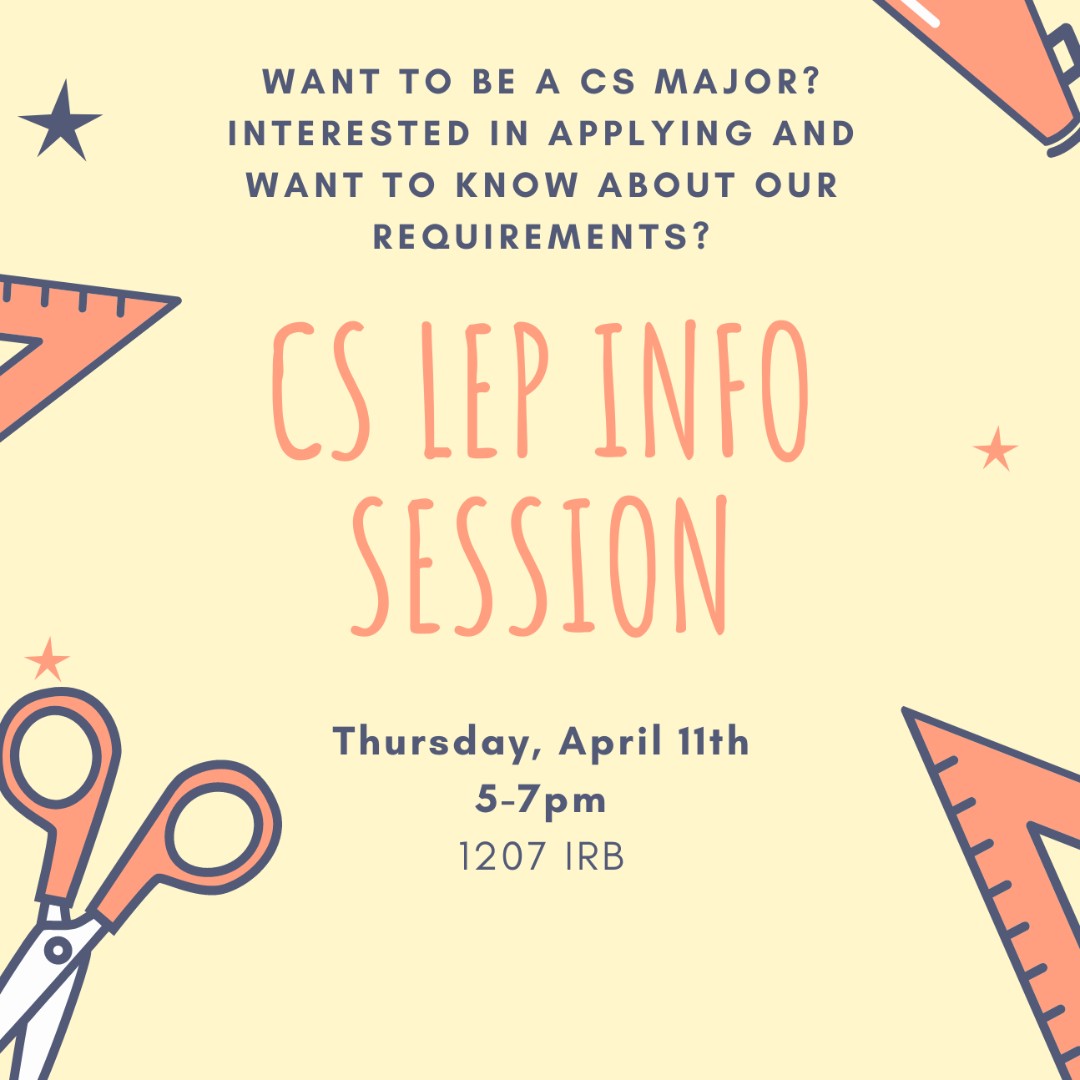 Last reminder: Interested in applying to the CS Major this fall? The CS Undergraduate Advising Office invites current UMD students to a panel to discuss what you'll need to know to transition smoothly into the major. See you Thursday, April 11, 2024 at 5 pm in IRB 1207!