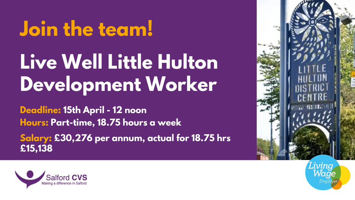 We currently have two new exciting roles to make a difference in Salford. The Live Well Little Hulton Development Worker and the Family Hub Navigator will be working directly with Salford communities. Read more and apply now at: lght.ly/6n23mci