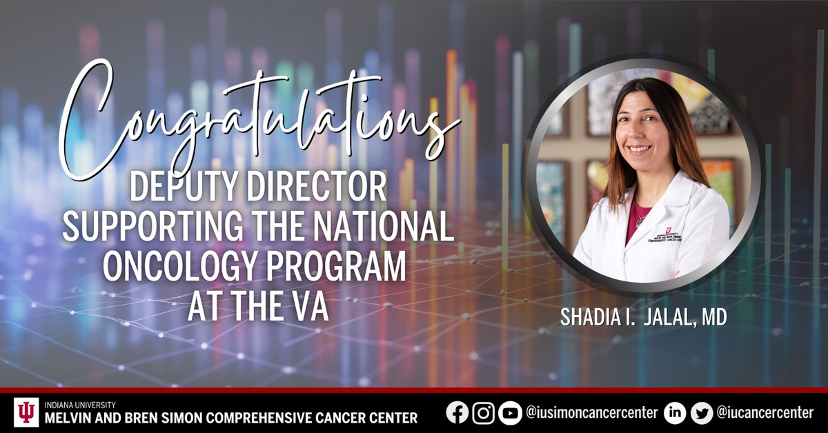 Congratulations to Shadia Jalal (@ShadiaJalal), MD, on her promotion as one of the deputy directors for the National Oncology Program at the VA. She'll be a key expert in medical oncology and provide clinical oversight for medical oncology at VA centers nationwide.