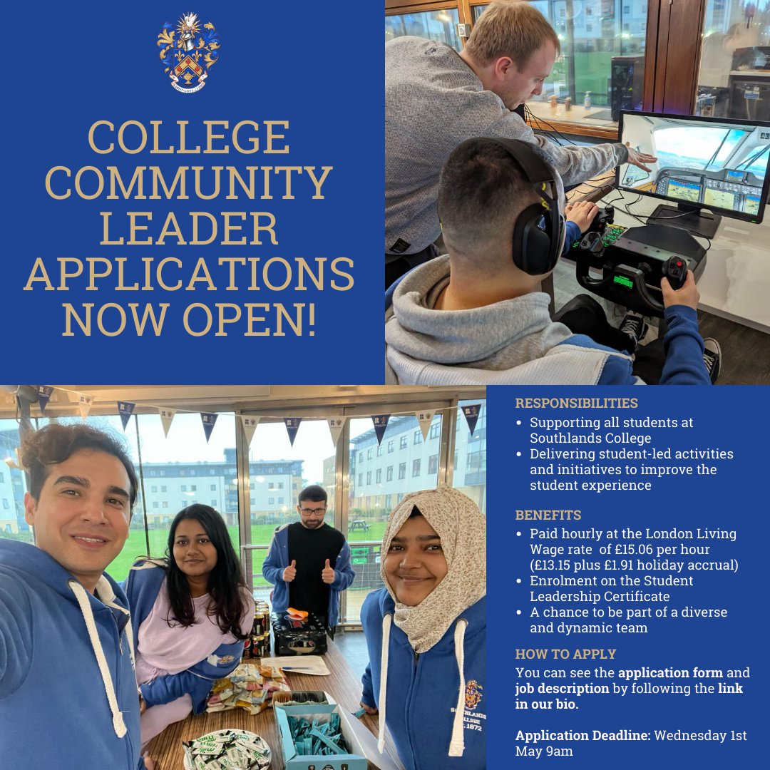 Are you passionate about improving the student experience? Are you looking for part-time work? The College Community Leader programme gives students the chance to get paid to run events and projects for the southlands community. Apply now via the link in our bio!
