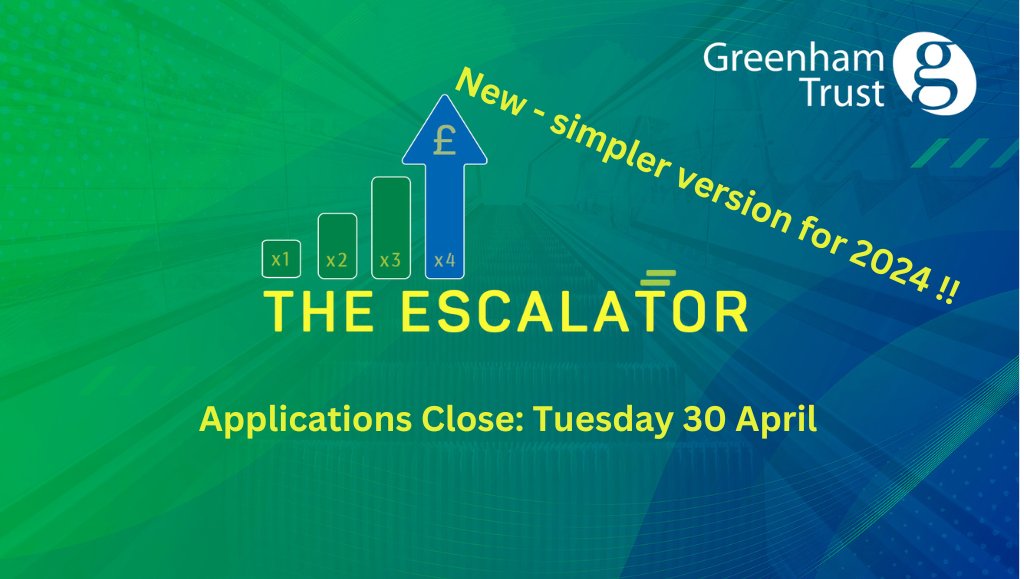 Fundraising for a capital project? Then apply for the Greenham Trust Escalator to kick-start your fundraising. You could raise up to £40k in 4 weeks, or £20k in 3 weeks. Ts & Cs apply. Deadline: Tuesday 30 April. More info: greenhamtrust.com/escalator #trustgreenham #fundraising