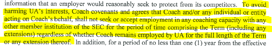 John Calipari contract with Arkansas includes following non-compete language regarding him taking another job with an SEC school in future