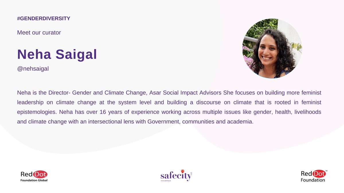 Hi everyone, tonight’s #Safecity chat is being curated by Neha Saigal (@nehsaigal) & Gargie Mangulkar (@gargie_m) Join us at 9 pm IST to discuss “Gender Diversity in Environmental Activism and Advocacy”! #GenderDiversity #RedDotFoundation