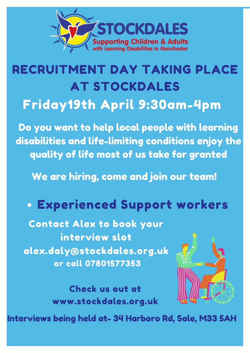 Stockdales are having a recruitment day on Friday 19th April from 9-4, to avoid disappointment, book your interview slot now. Send your CV to alex.daly@stockdales.org.uk or call 07801 577 353.
#sale #altrincham #trafford #wythenshawe #timperley #jobsincare #seniorsupportworkers