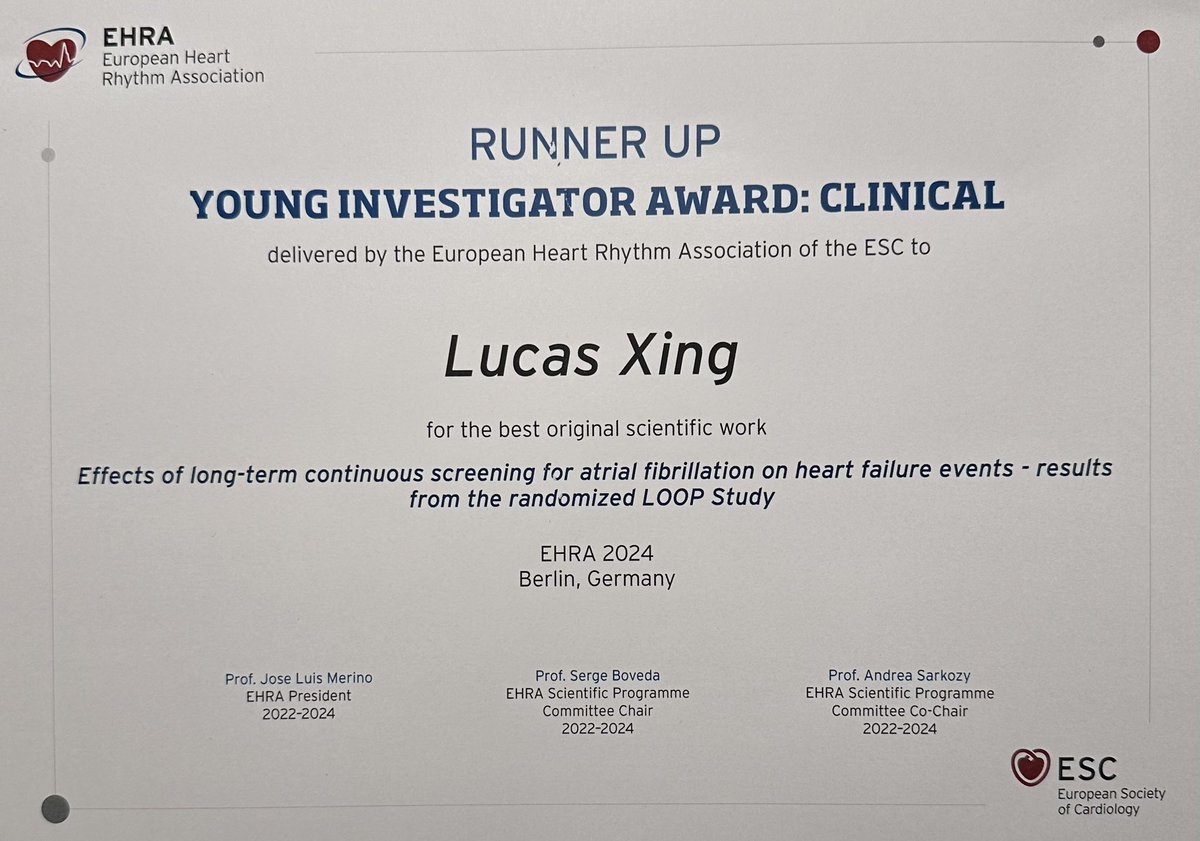 Thrilled to have shared our research on #AFib screening and #HF at #EHRA2024! Also very grateful for the recognition as runner up for Young Investigator Award in clinical cardiology 🙏 #Epeeps @RigsHeart