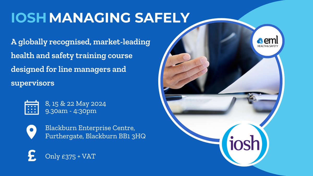 We are an approved provider of #IOSH #ManagingSafely, a globally recognised and certified #trainingcourse designed for managers and supervisors. Our next course will take place on 8, 15 and 22 May 2024 in Blackburn. Register here: rebrand.ly/pxnpnxo🔗