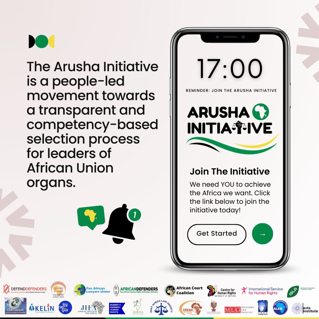 Reminder🚨: Join the #ArushaInitiative today. Everyone interested in advancing #HumanRights and inclusive development in Africa is invited to join this people-led pan-African movement. You play a key role in achieving the Africa we want! #StrengthenAURightsMechanisms