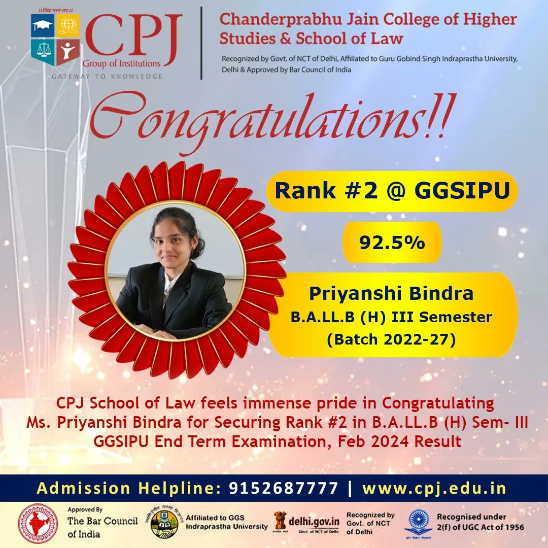Congratulations to the outstanding students of CPJ College for achieving top ranks in both CPJ College and GGSIPU! Your dedication and hard work have truly paid off. Keep shining bright!

#CPJCollegePride
#GGSIPURankHolders
#DedicationPaysOff
#TopRankers
#ShiningBright