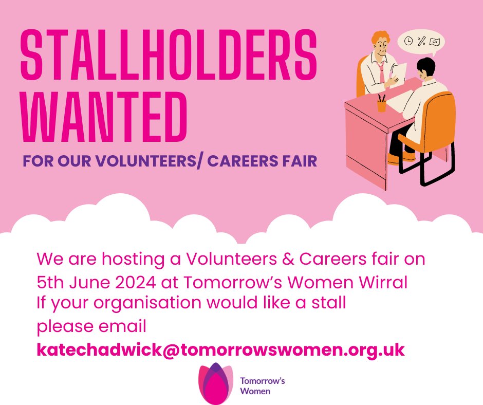 If your organisation would like a stall, please email katechadwick@tomorrowswomen.org.uk    

#careersfair #volunteersfair #tomorrowswomenwirral