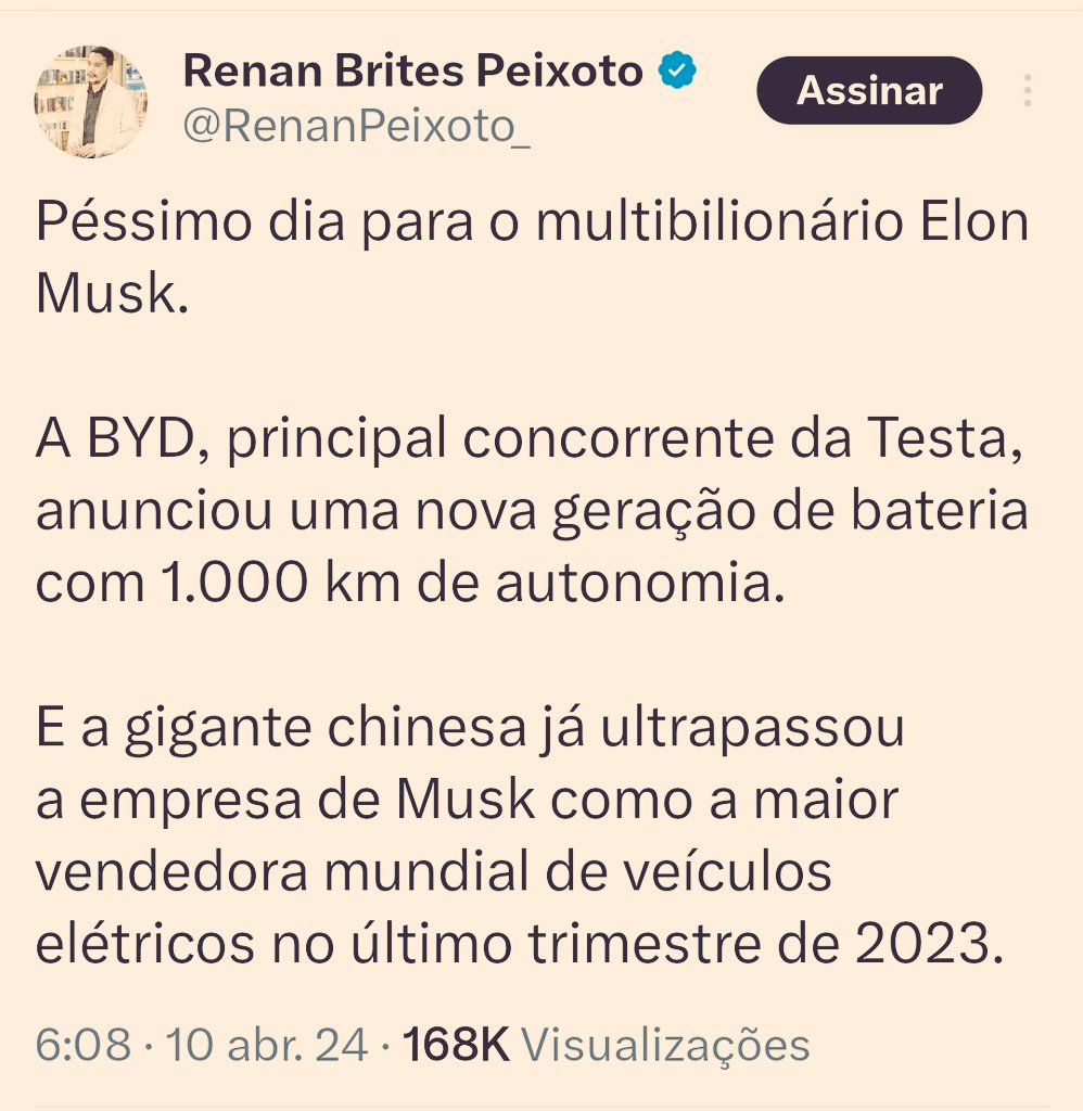 Vou confessar q jamais pensei q 1 Blogueiro comemoraria 'possíveis lucros' da Chinesa BYD, em distorção do seu Inimigo Ideológico Americano, a Tesla. Mas como sempre, as notícias são distorcidas. O processo é simples, Valor X Lucro q a empresa tem p/carro, ou seja, o Lucro da…